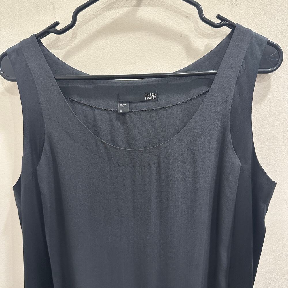 Eileen Fisher Gray Black Silk Georgette Satin Sleeveless‎ Shift Dress Small Luxe - Picture 4 of 11